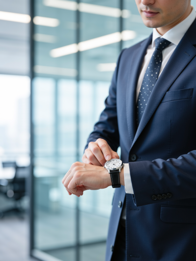 三十岁左右专业男性正面肖像，穿深蓝色西装，白色衬衫，浅蓝色领带，背景为现代办公室环境，明亮自然光线